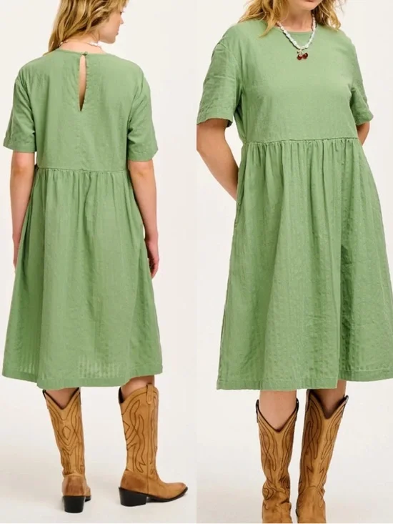 Lucy & Yak Mia Cotton Midi Dress Garland Sage Green Seersucker Lagenlook Boho - Picture 1 of 11